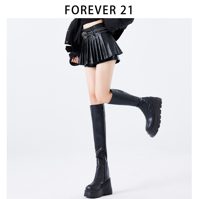 Forever21黑色防走光百褶半身裙女秋冬性感辣妹显瘦a字高腰jk短裙