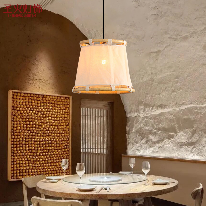 仿木纹圆形麻布吊灯麻布侘寂美学