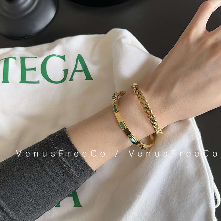 2选 时髦绿宝石×粗麻花18k镀金色法式宽版手镯手环欧美叠戴简约
