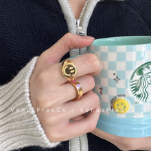 甜酷开心每一天.18K镀金2选加厚笑脸彩色彩釉戒指环不褪色ins法式