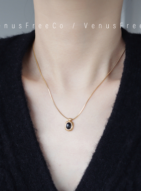 18k镀金天然黑玛瑙宝石吊坠蛇骨超亮细锁骨链项链简约高级感日常