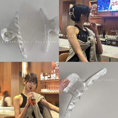 张元英同款定制高光泽度醋酸白色波纹贝壳一字线条发夹鲨鱼夹发抓