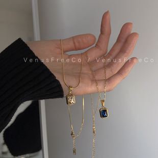 VenusFreeCo超闪香槟白宝石深蓝宝石18K镀金不褪色锁骨链项链叠戴