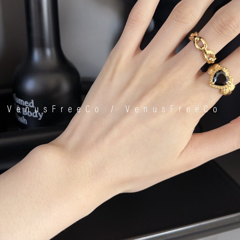 法式复古浪漫vintage浮雕大颗爱心镀金黑色宝石戒指链条叠戴开口