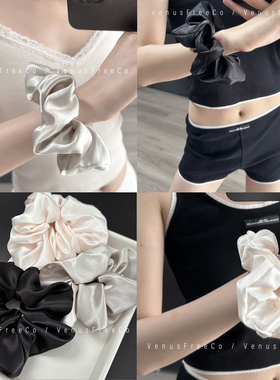 定制丝质光泽感3色超大花缎面发圈黑粉奶油白银灰色日常好搭头绳