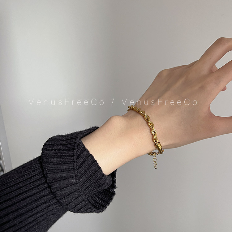 不褪色 ins博主同款极简约金色银色麻花冷淡风欧美钛钢手链