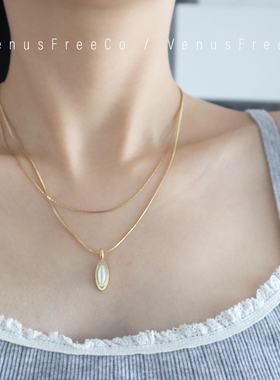 法式18k镀金长条闪闪白贝壳质感老钱风高级感项链叠戴裸链锁骨链