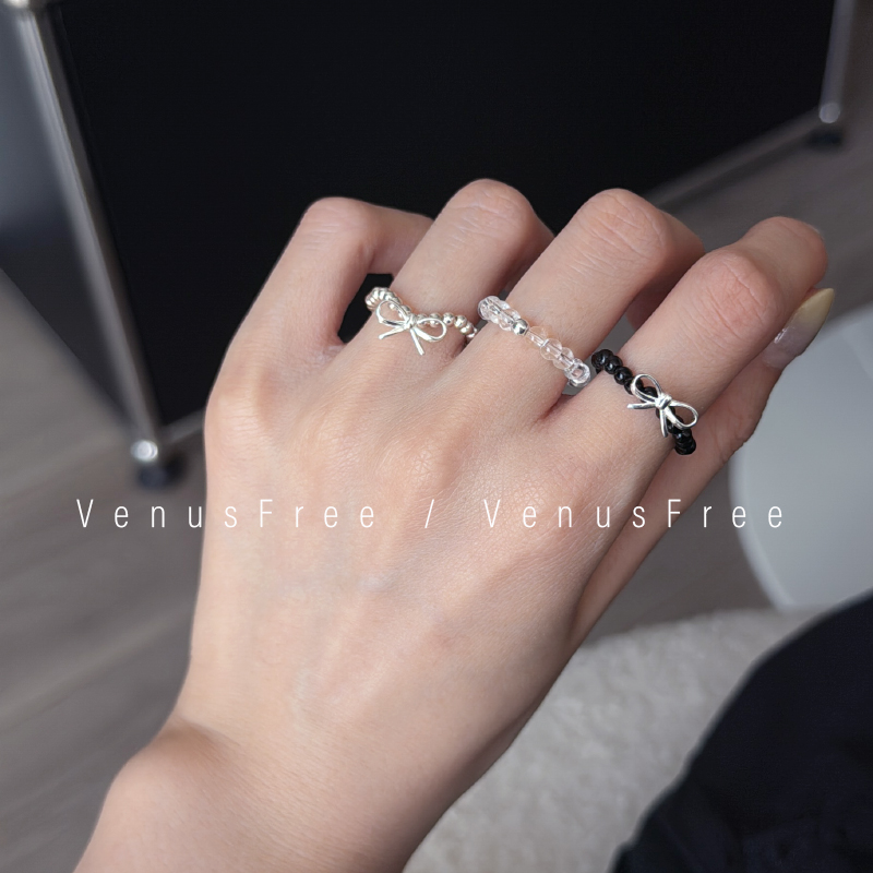 3选925纯银豆豆蝴蝶结天然黑玛瑙白水晶串珠弹力戒指少女叠戴日常