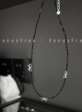 闪闪发光!韩国925纯银芭蕾系列蝴蝶结小颗黑水晶锁骨链项链银饰