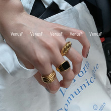 ins博主 法式chic时髦金色螺纹可颂多层厚粗戒指欧美韩国简约男女