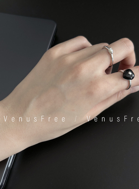 韩国925纯银天然黑玛瑙宝石爱心小颗米粒珍珠戒指环开口叠戴简约