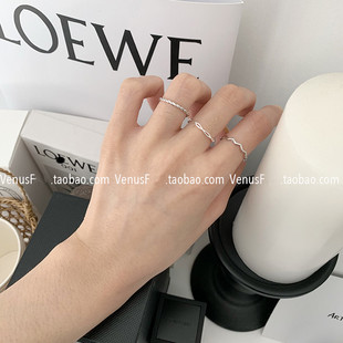 韩国Ins超火 超细极简925纯银大小波浪麻花戒指指环 开口简约欧美