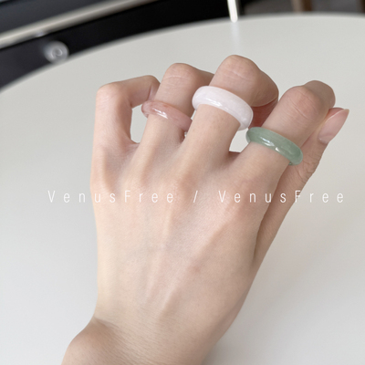 3色新中式天然玉石绿玛瑙东陵玉白牛奶玛瑙粉玉髓戒指日常叠戴