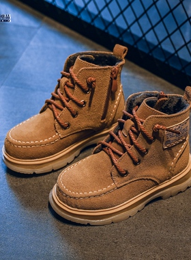 全牛皮儿童短靴2025韩版秋季男童加绒冬鞋机车单靴儿童马丁靴棉鞋