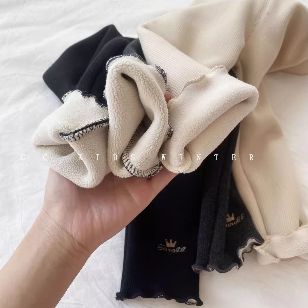 秋冬新款德绒儿童木耳卷打底裤加绒/不加绒刺绣一体绒保暖女童裤