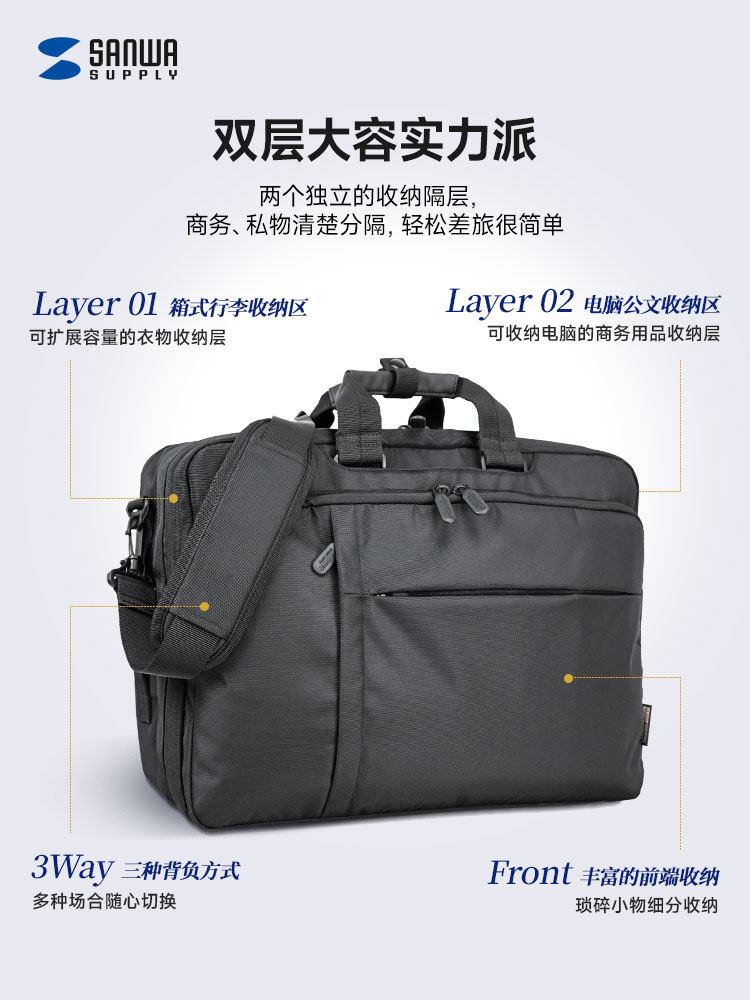 日本SANWA电脑包27L大容量行李背包17寸出差通勤3WAY男商务公文包斜挎单肩手提双肩笔记本包a4文件包公事横款