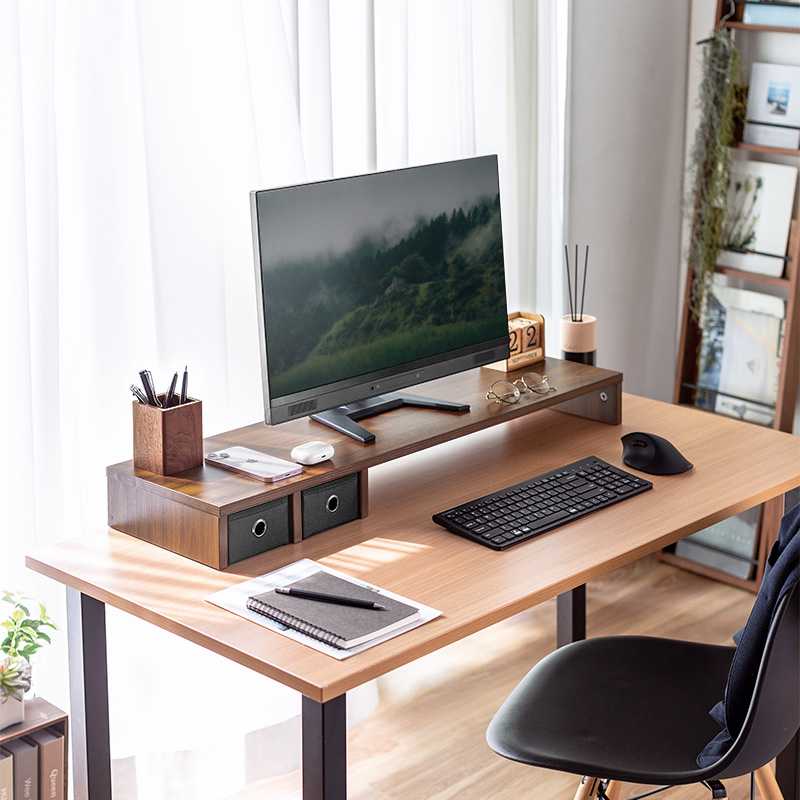 日本SANWA免安装实木显示器增高架笔记本桌面增高架带抽屉收纳架