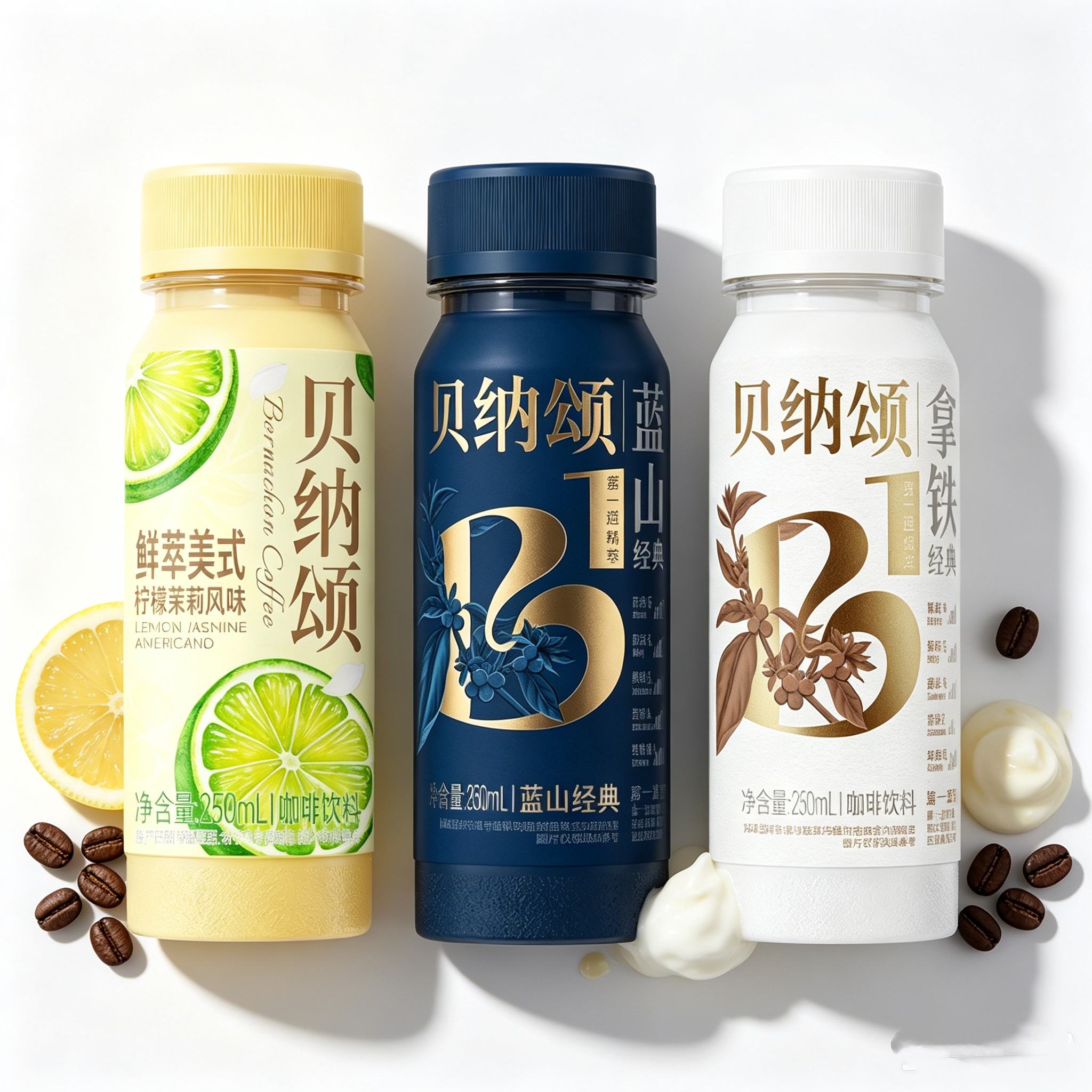 【贝纳颂】经典蓝山咖啡拿铁咖啡柠檬茉莉250ml*10瓶即饮低温瓶