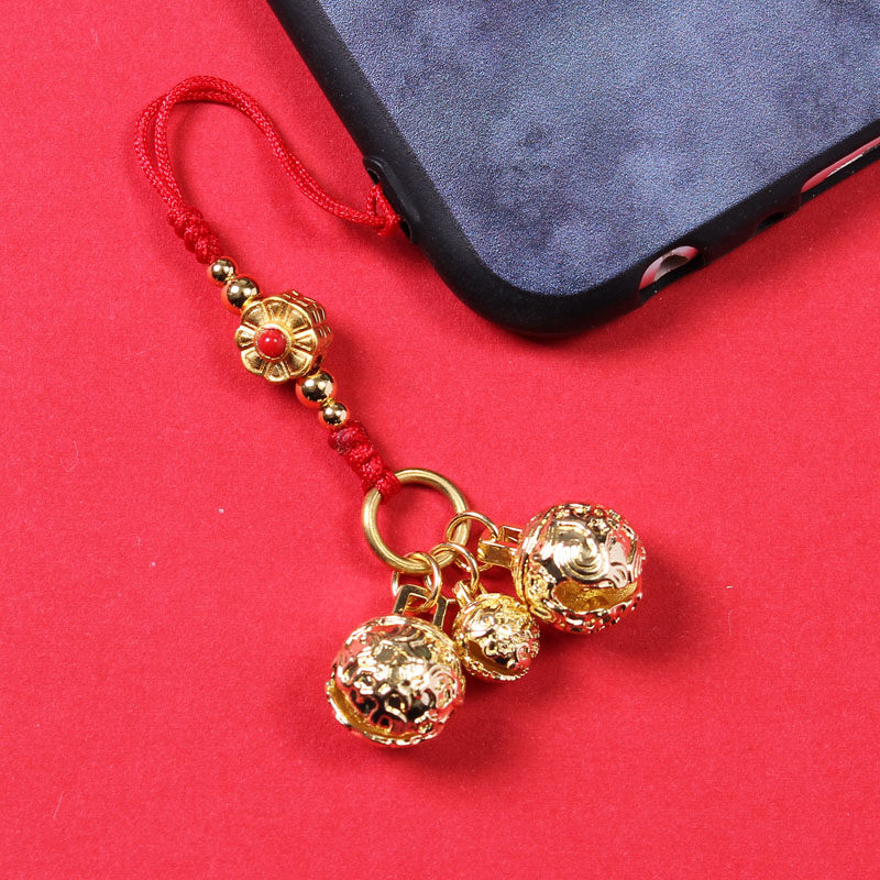 古法金幸运简单铃铛挂件铜质红绳复古包挂饰男女闺蜜礼物三口之家