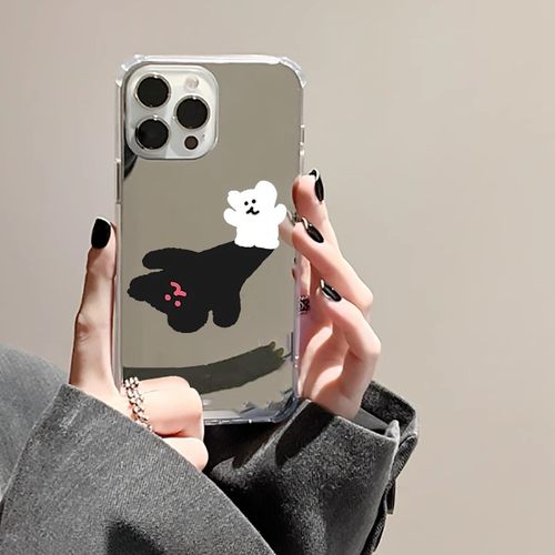 张真源同款小熊倒影适用苹果15手机壳华为p40opporeno7小米红米note9情侣vivox90s镜面mate60pro卡通nova8Q版