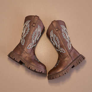 国潮单靴西部牛仔靴女童刺绣复古骑士靴中筒公主马靴中大童加绒靴