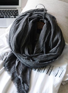 日系春秋围巾纯色脏染棉麻文艺褶皱肌理长款丝巾亚麻披肩两用男女