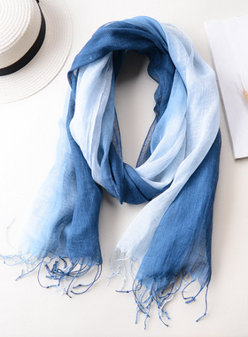 春夏季亚麻围巾女文艺百搭素色搭配棉麻围巾女春秋薄渐变蓝色丝巾