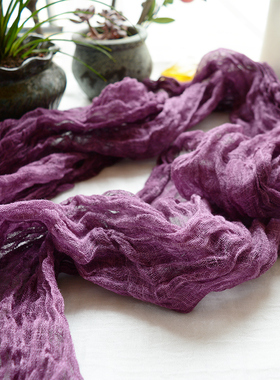 2023春夏薄款紫色围巾优雅紫色纯亚麻围巾长款褶皱肌理文艺棉麻女