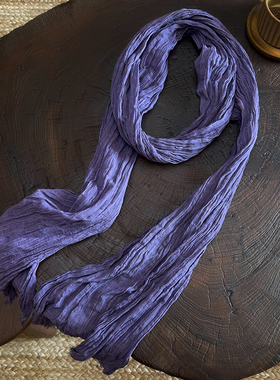 优雅紫色文艺风夏季围巾女皱褶棉麻窄长纯色简约百搭高级感洋气