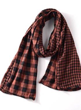 日本原单秋冬围巾女士保暖时尚个性双面大小格子棉麻围巾长款围脖