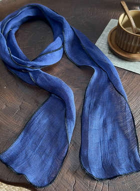 气质亚麻夏季细长条围巾女丝巾长款藏蓝墨绿色文艺韩版纯色小尺寸
