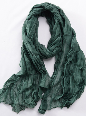 褶皱春秋季棉麻围巾文艺纯色百搭薄款围巾女长款个性围巾黑色