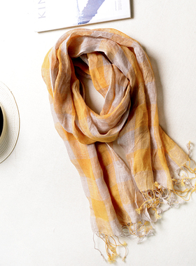 日系夏季亚麻围巾女超薄款文艺黄色格子披肩小尺寸窄版男女通用