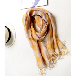 日系夏季亚麻围巾女超薄款文艺黄色格子披肩小尺寸窄版男女通用