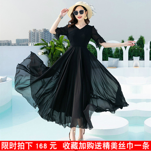 2026夏季新款长款黑色雪纺连衣裙气质V领收腰显瘦到脚踝大摆长裙