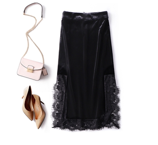 春秋新款复古百搭半身裙 女士丝绒拼接蕾丝两侧开叉高腰裙中长裙
