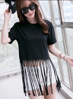 短袖百搭薄流苏纯棉女舒适个性