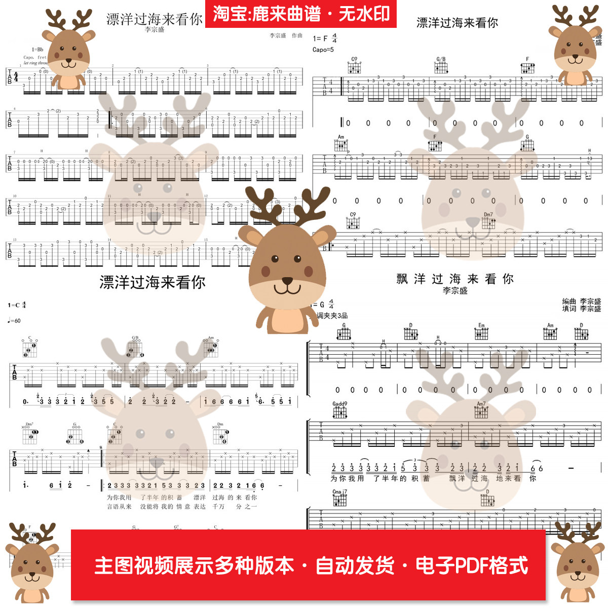 《漂洋过海来看你》李宗盛 吉他谱 共8个版本 指弹谱 电子格式PDF