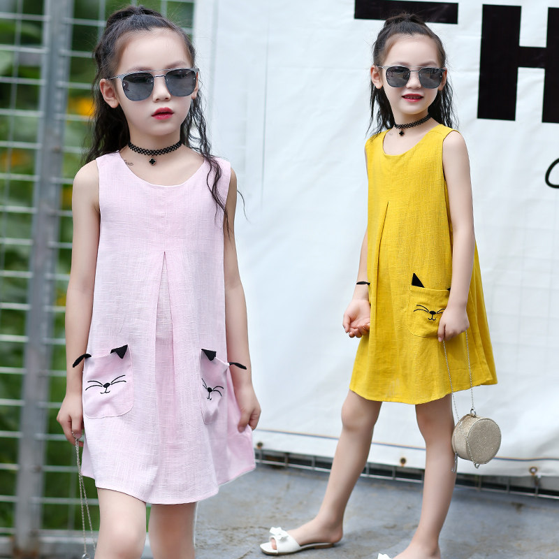 Girls dress 2019 new pattern Summer wear children Cotton and hemp camisole Vest skirt Female baby T-shirts pure cotton skirtin the Children/Baby/Family fitted , Skirt(New) , Dress  category - from Buy2taobao.com to provide professional Taobao agent buy service