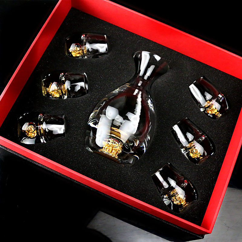 高档金箔白酒杯套装玻璃小一口杯家用水晶分酒器烈酒杯6只礼盒装