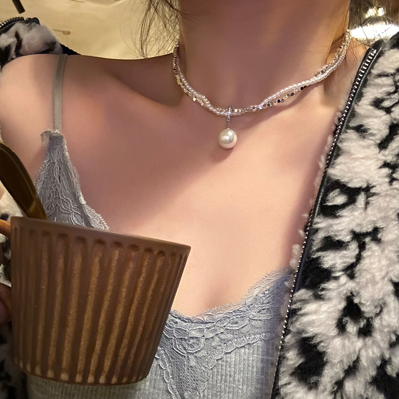 设计感碎银几两双层叠戴珍珠项链