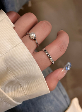 冷淡风麻花链条珍珠戒指套装