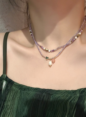 浪漫密码紫色水晶串珠爱心项链