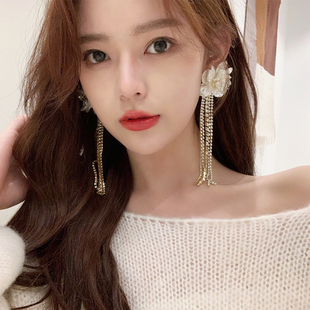 花朵流苏耳环2025新款 显脸瘦无耳洞耳夹耳饰品 潮网红气质夸张长款