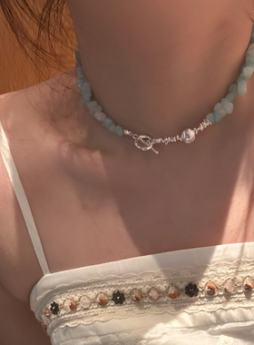 春夏清新蓝色天然石项链锁骨链