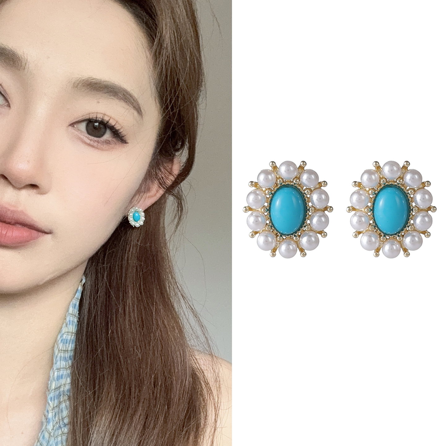 法式精致复古仿绿松石珍珠耳环