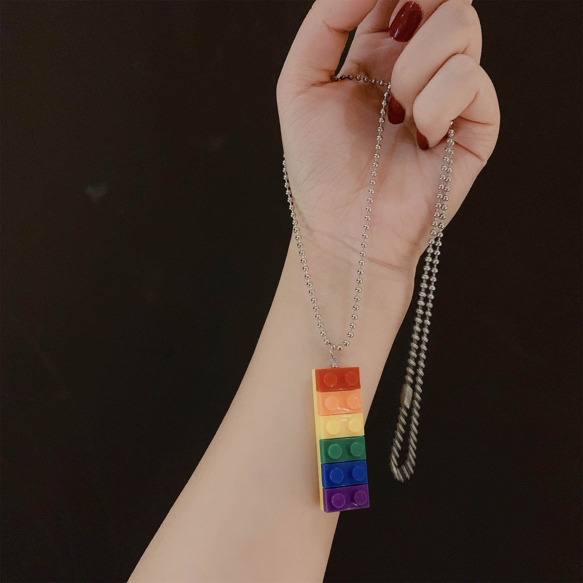 彩色乐高积木项链女潮网红土酷嘻哈hiphop情侣简约个性吊坠毛衣链
