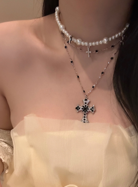 欧美复古多层叠戴黑色十字架项链