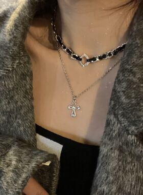 小众设计十字架双层叠戴项链女甜酷风皮质编织项圈个性锁骨链颈链