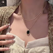 双层气质叠戴金属黑色珠珠项链小众轻奢高级感短款 颈链锁骨链配饰